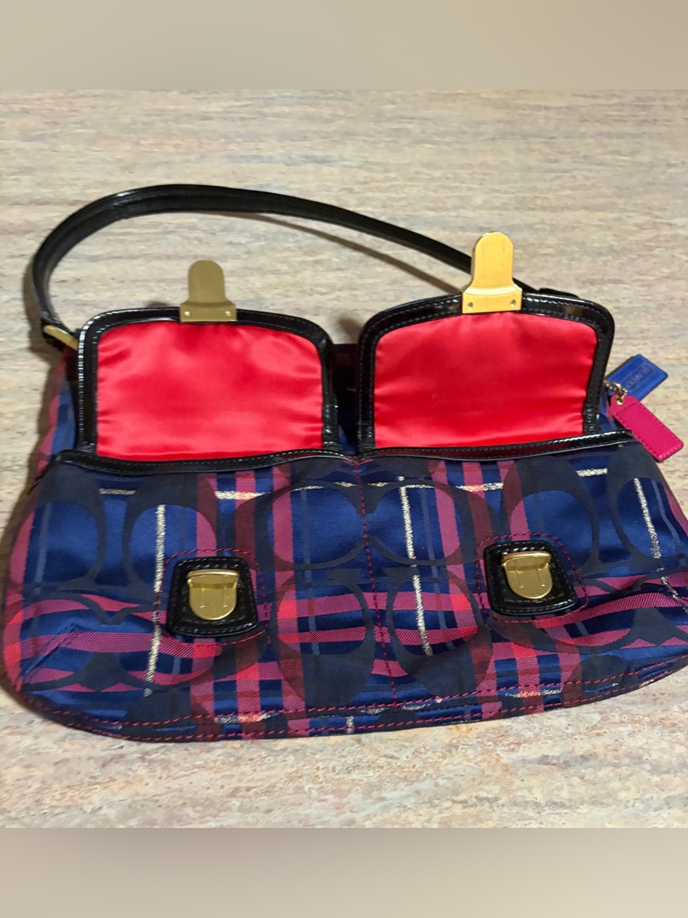Coach Plaid Tartan G1282-21622 Blue & Pink Plaid Bag with 2 Fobs & Black Trim - Picture 3 of 16